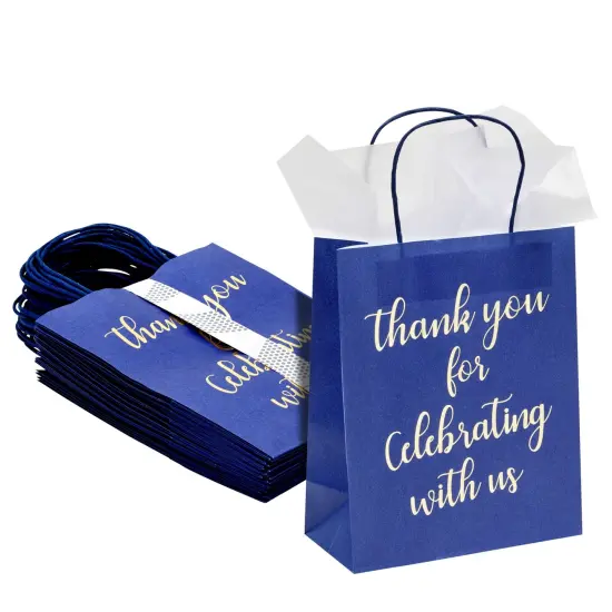 24-Pack 8x4x10-Inch Navy Blue Gift Bags with Gold Foil Script, Medium-Sized Thank You Bags with Handles and 24 Sheets White Tissue Paper {1}