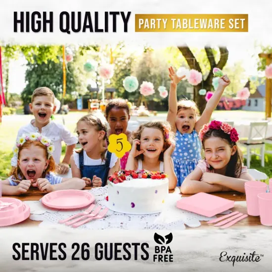 Exquisite 182 Pcs Plastic Plates for Party &ndash; Disposable Plates Set &ndash; 26 Each of 9" Dinner Plates, 7" Dessert Plates, Plastic Cups, Napkins & Plastic Cutlery &ndash; Plastic Dinnerware by Party Solids Pink {6}