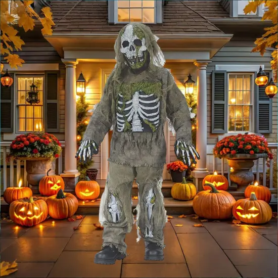 Boy's Skeleton Zombie Costume Halloween Scary Undead Tattered Bones Outfit with Mask and Gloves {5}