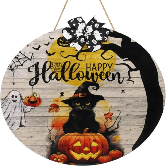 Happy Halloween Black Cat Front Door Sign {1}