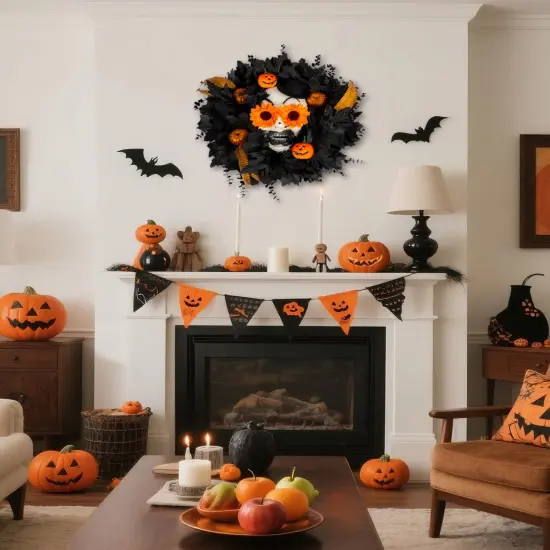 20&rdquo; Black Maple Leaves Wreath with Pumpkin Feather {6}