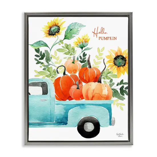 Hello Pumpkin Autumn Truck Carrying Seasonal Plants Floating Frame Canvas Art Gold {7}