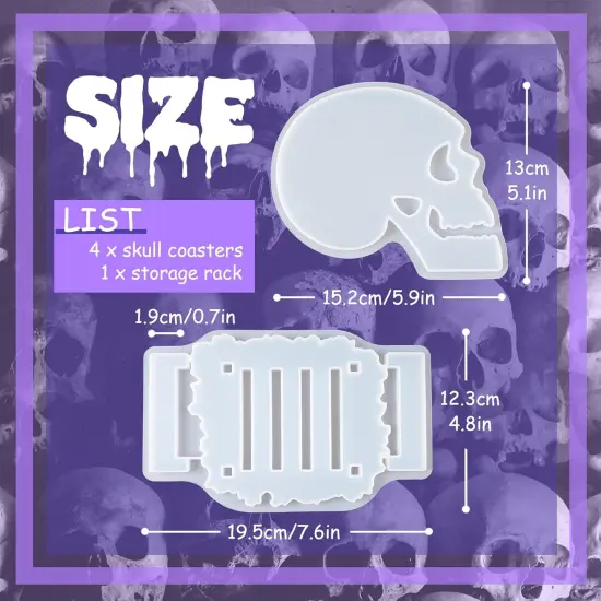 Halloween Skulls Silicone Coaster Molds 4pcs with 1pcs Matching Holder {4}