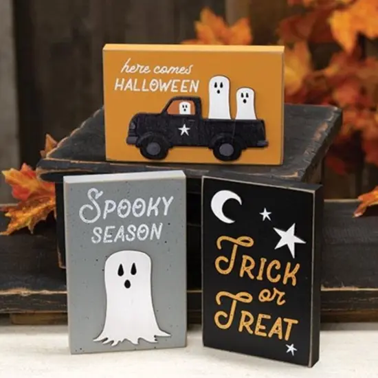 3 Asstd. Spooky Season Wooden Blocks Halloween Ghost Decor for Shelf or Table {2}