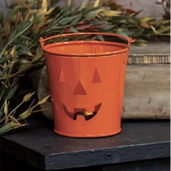 4&rdquo; Metal Pumpkin Bucket with Jack-O-Lantern Cutout Halloween Candle Holder or Candy Pail Orange {6}
