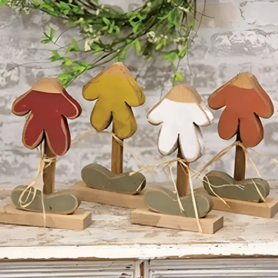 Rustic Wood Drooping Daisy Figurines with Raffia Bows 4 Asstd. {5}