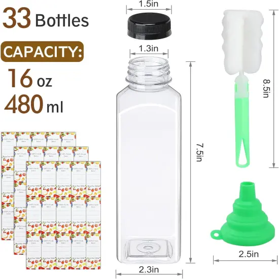 33pcs 16oz Plastic Bottles with Caps, Premium Juice Containers with Lids {2}