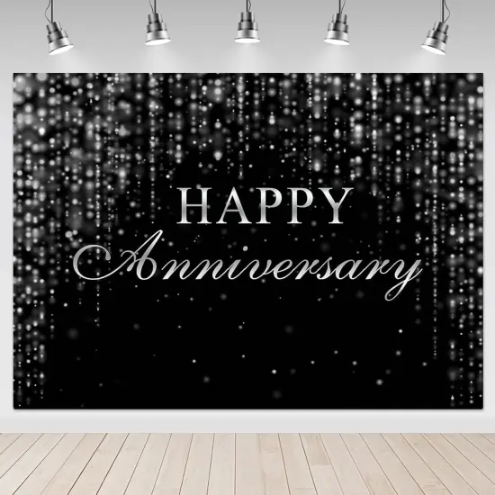 Black Silver Happy Anniversary Backdrop 7x5ft Silver Glitter {1}