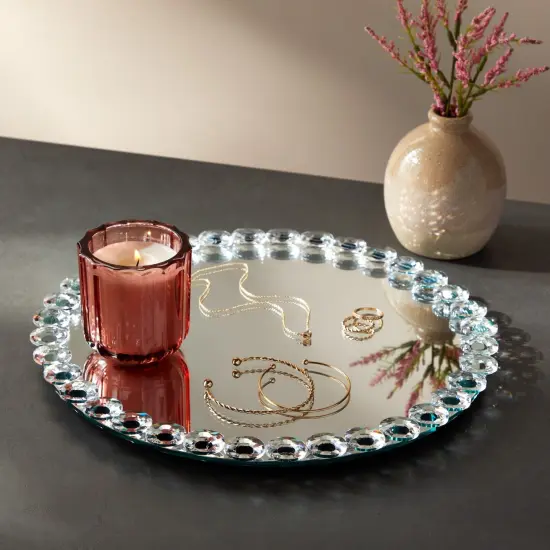 Okuna Outpost 12 in Crystal Bead Round Mirror Tray to Display Perfume, Jewelry, Candles, Bling Serving Tray for Bathroom, Living Room, Office, Vanity, Home Decor Silver {2}