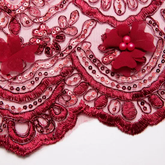 1 Yard Tulle Lace Fabric with 3D Embroidered Applique Design, 52&Prime; Wide Burgundy {1}