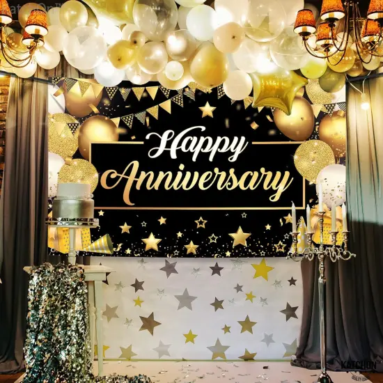 Extra Large Black & Gold Happy Anniversary Banner - 72x44 Inch Backdrop {4}