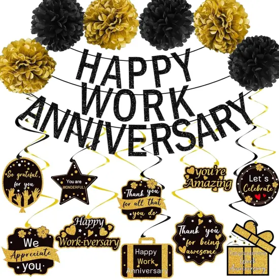 Happy Work Anniversary Decorations Black Gold, Happy Anniversary Banner {1}