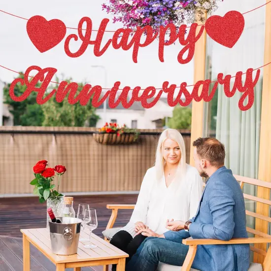 Red Glitter Happy Anniversary Banner - Pre-Strung Cardboard Letter Sign {3}