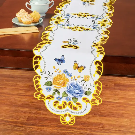 Collections Etc Embroidered Wild Rose Butterfly Table Linens {1}