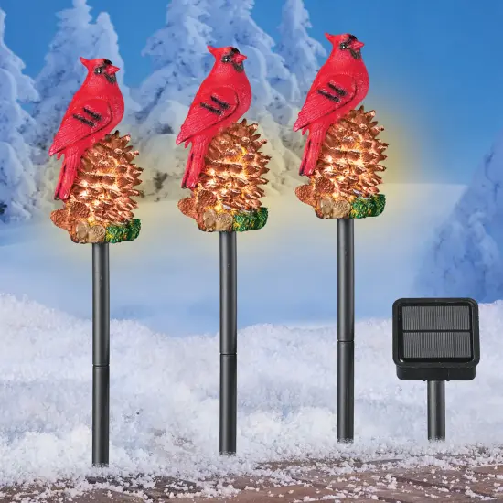 Collections Etc Solar Powered Cardinal on Pinecones Path Stake Lights - Set of 3 {1}