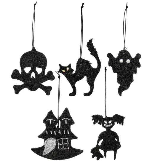 Black Beaded Halloween Ornaments 5ct Reversible Tree Decor Set {1}
