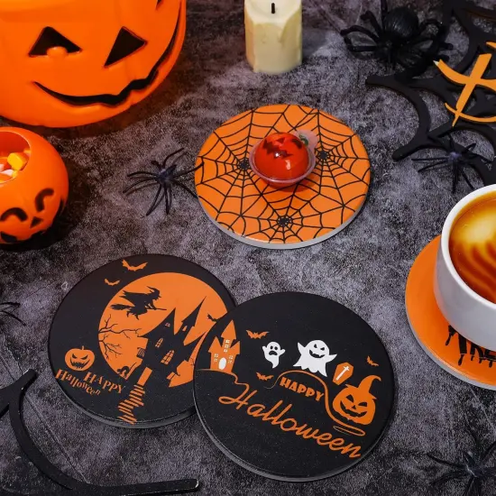 4Pcs Halloween Coasters Orange Black Round Ceramic Coaster Trick {5}