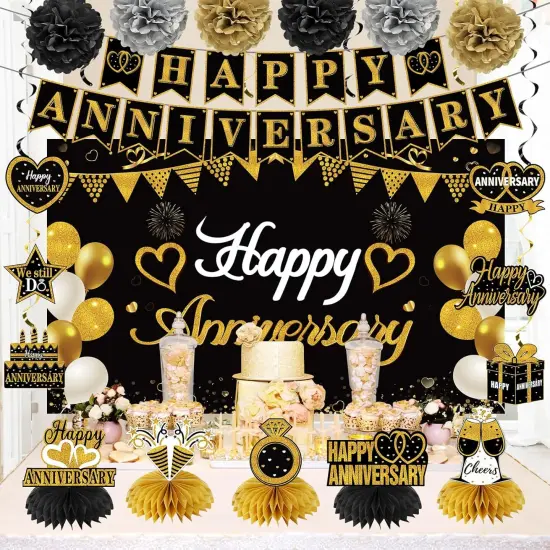 Happy Anniversary Decorations &ndash; Black & Gold Kit with Banner, Backdrop, Centerpieces & Swirls {4}