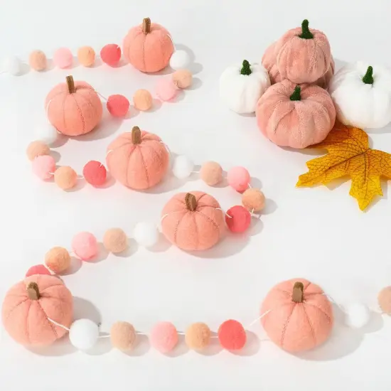 8.2Ft Fall Felt Pom Pom Banner Pink 3D Pumpkin Shape Felt Hanging Garland {1}