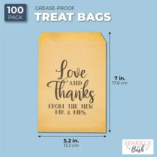 100 Pack Love and Thanks From the New Mr & Mrs for Wedding, Party Favor Bags for Goodie, Gifts, Decorations, 5x7.5 in Brown {4}