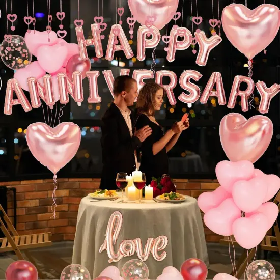 Anniversary Decorations &ndash; Pink Banner, Heart Balloons, Hanging Hearts & Rose Petals {2}