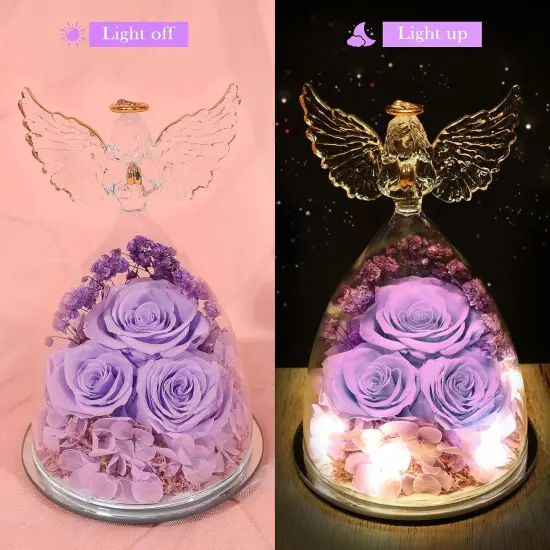 Fresh Flowers in Glass Angel Figurines Real Purple Roses {3}