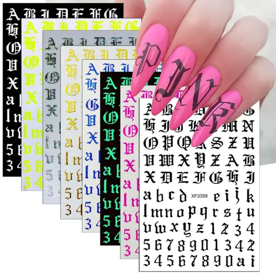 8 Sheets Old English Nail Sticker 3D Self-Adhesive {1}