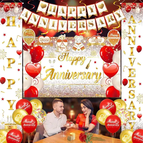 Red Gold Happy Anniversary Banner Balloons {5}