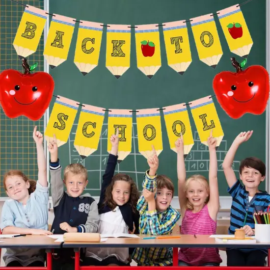 Pencil Back to School Banner Red Apples Balloons {5}