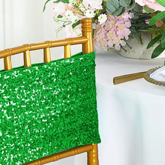 10 Pieces Radiant Emerald Green Sequin Stretch Spandex Chair Bands 7 x 13 Inches {5}