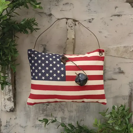 Stuffed Primitive American Flag Ornament with Rusty Bell {2}