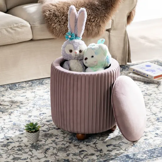 Modern Dusty Pleated Velvet Upholstered Storage Ottoman or Accent Stool with Rubberwood Ball Feet Pink {5}