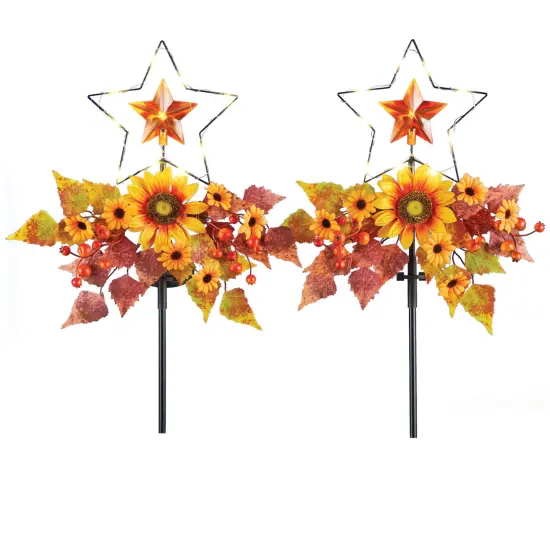 Collections Etc Solar Powered Autumn Star Floral Garden Stakes - Set of 2 {2}