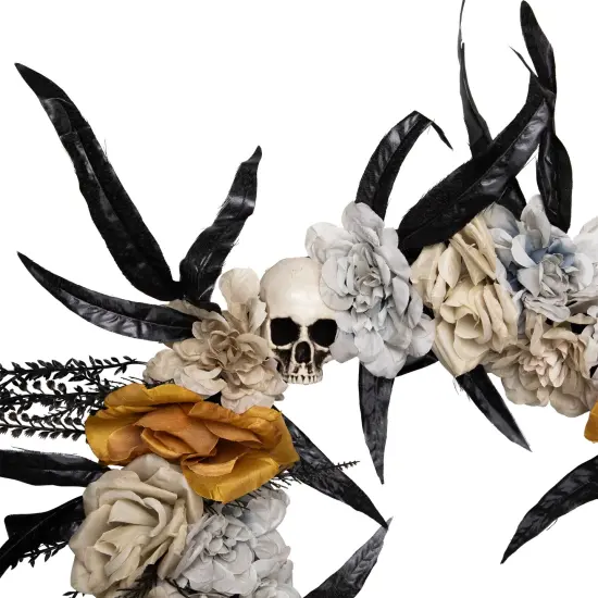 Northlight Skulls with Roses Halloween Foliage Wreath - 14" - Unlit Gray {5}