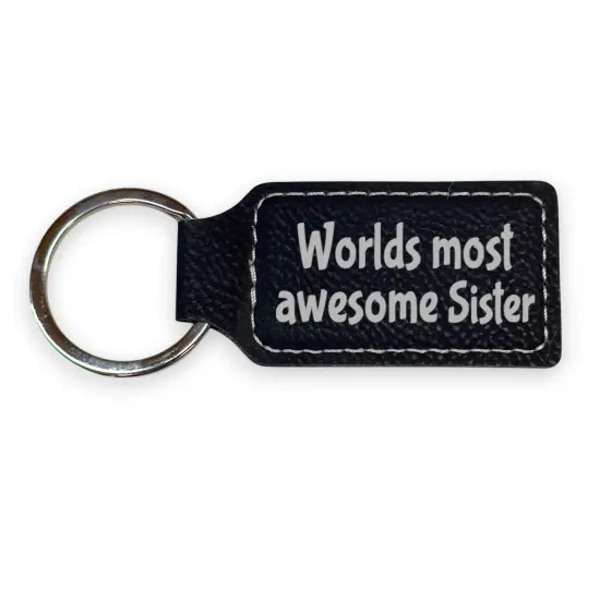Keychain - Rectangle - Worlds Most awesome Sister - Leather Black/Silver {3}