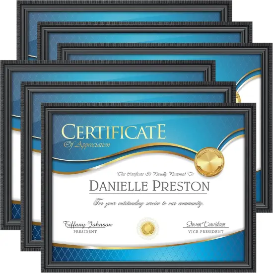 Bay 8.5x11 Certificate Frames (Black, 6 Pack), Beautifully Detailed Molding, Contemporary Document Frame Set, Wall Mount or Table Top, Inspirations Collection {1}
