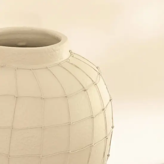 Handmade Off-White Small Terracotta Vase with Wireframe &ndash; Decorative Table Accent-9.75X9.75X12" {4}