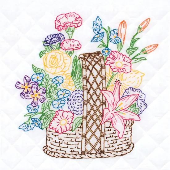 Jack Dempsey Stamped White Quilt Blocks 18"X18" 6/Pkg-Basket Of Flowers {3}