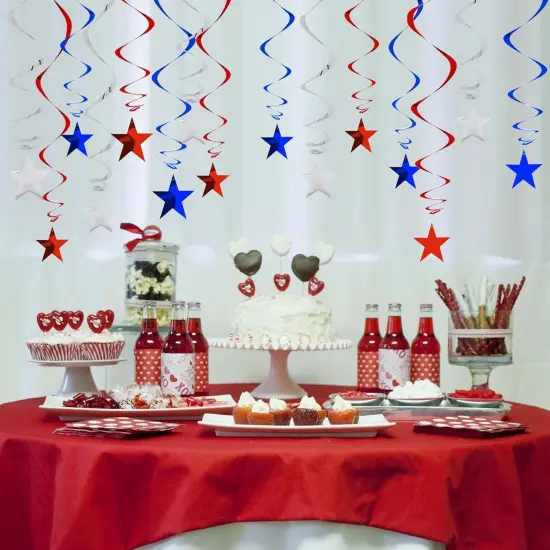 Red Blue Silver Star Hanging Swirl Decorations (Pack of 15) {5}