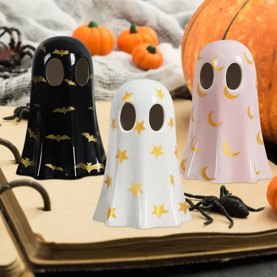 Halloween Decorations Indoor, Set of 3 Ceramic Ghosts with Witch Hats {6}