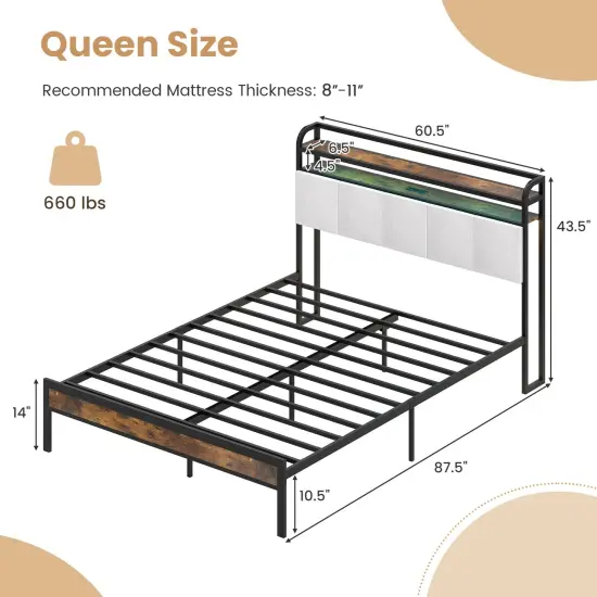 Queen Size Bed Frame with LED Light and Charging Station {5}