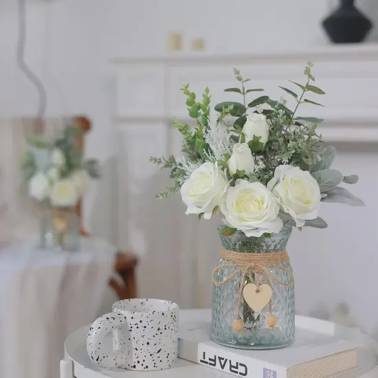 Faux Flowers with Vase,Artificial Silk Roses in Vase, Fake Plant Eucalyptus Flower Arrangement {2}