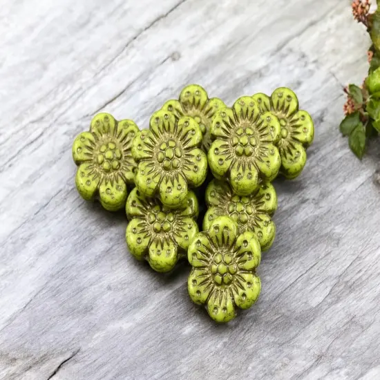 *12* 14mm Dark Bronze Washed Opaque Gaspeite Green Wildflower Beads {3}