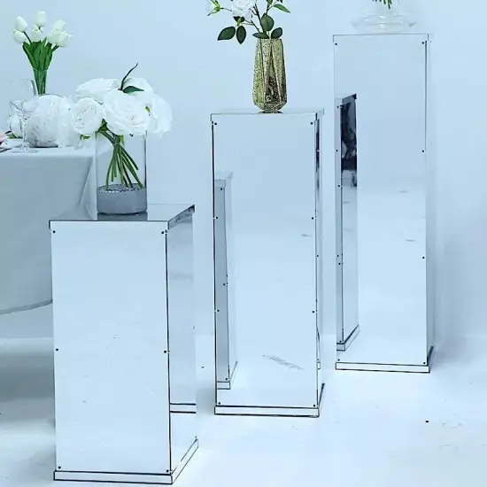 5 Silver Mirror Pedestal Risers Display Boxes Centerpiece {3}