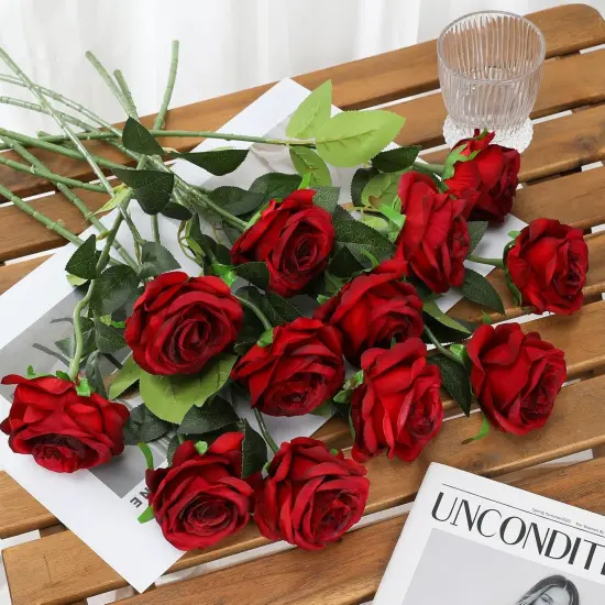 12 pcs Realistic Long Stem Fake Roses Faux Silk Flowers for DIY Bouquets {2}