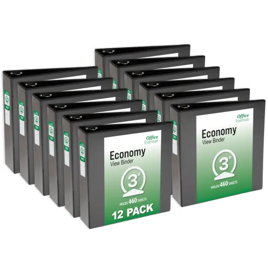 Office Essentials Economy View 3 Ring Binders, 3" Round Rings, 3.5" Spine, 460-Sheet Capacity, Black Binders (12-Pack of 03431) {1}