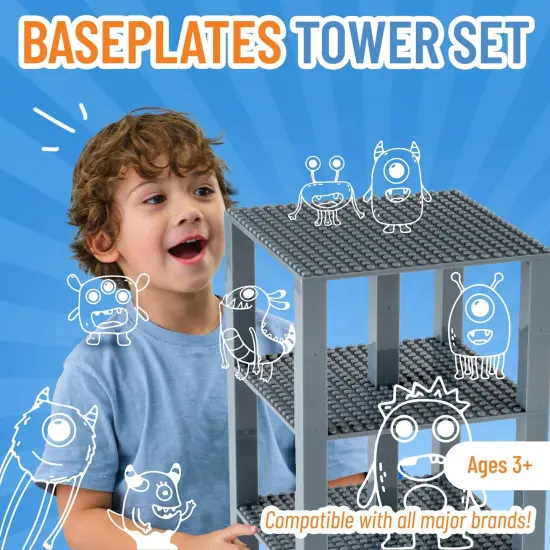 Strictly Briks Classic Stackable Baseplates, Building Bricks For Towers, Shelves, 100% Compatible with All Major Brands, Gray, 4 Base Plates & 30 Stackers, 6x6 Inches, Ages 3-14 Grey {2}