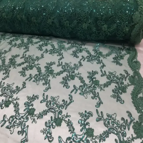 1 Yard Hunter Green Metallic Flowers Sequins Mesh Lace Fabric for Tablecloths and Costumes {1}