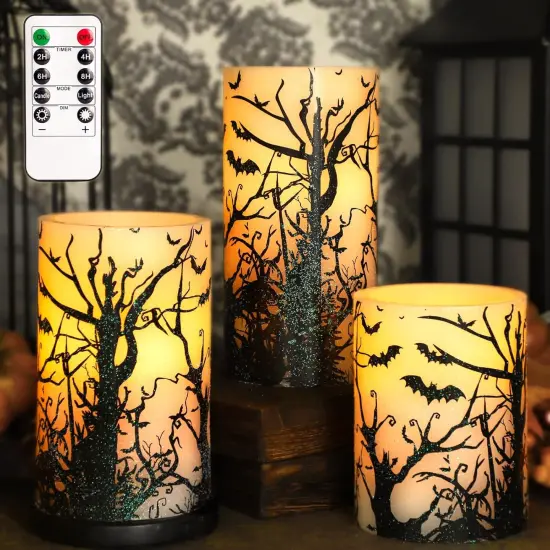 Halloween Decor Flameless Candles Set of 3 Black Spooky Bats {1}