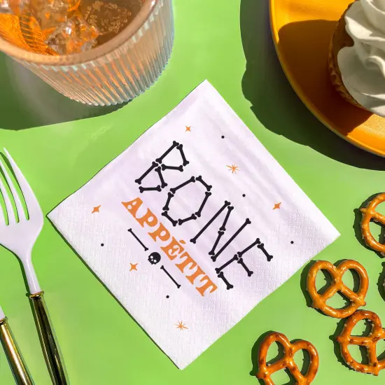Big Dot of Happiness Bone Appetit Party Napkins, Skeleton Halloween Party Decor, White 3-Ply Paper Beverage Napkins - 24 Count {4}